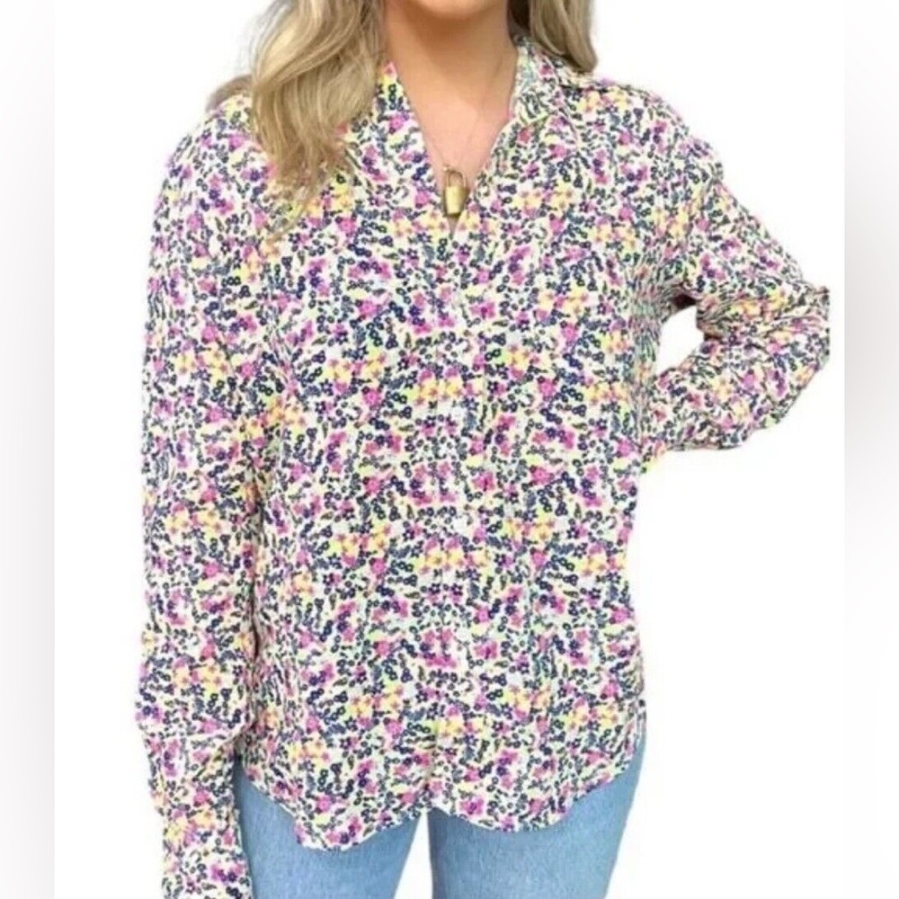 Frank & Eileen 100% Linen Neon Brights Ditzy Floral Eileen Button Down Shirt S